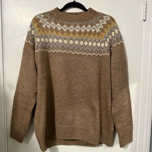 H&M Large relaxed fit Brown Crewneck Sweater Patterned Diamond zig zag Design